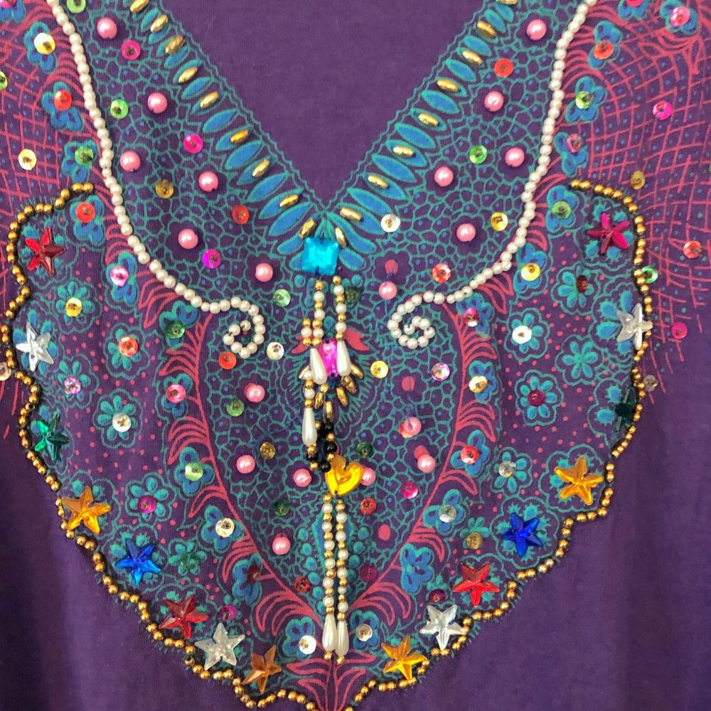 Vintage 1990's 1980's Purple Top with Bedazzled Short Sleeve Shirt Gems Jewels - Picture 6 of 7
